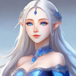 An elegant waifu elf character with long silver hair and striking blue eyes