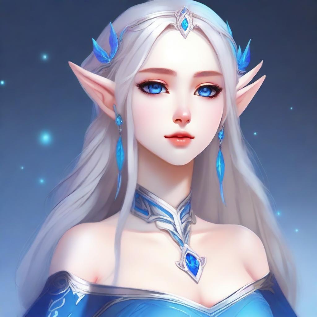 An elegant waifu elf character with long silver hair and striking blue eyes
