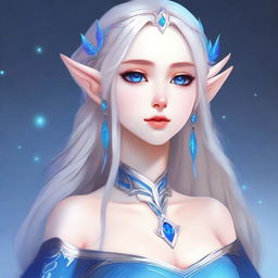 An elegant waifu elf character with long silver hair and striking blue eyes