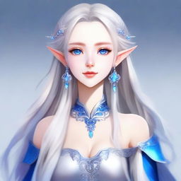 An elegant waifu elf character with long silver hair and striking blue eyes