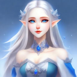 An elegant waifu elf character with long silver hair and striking blue eyes