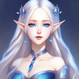An elegant waifu elf character with long silver hair and striking blue eyes