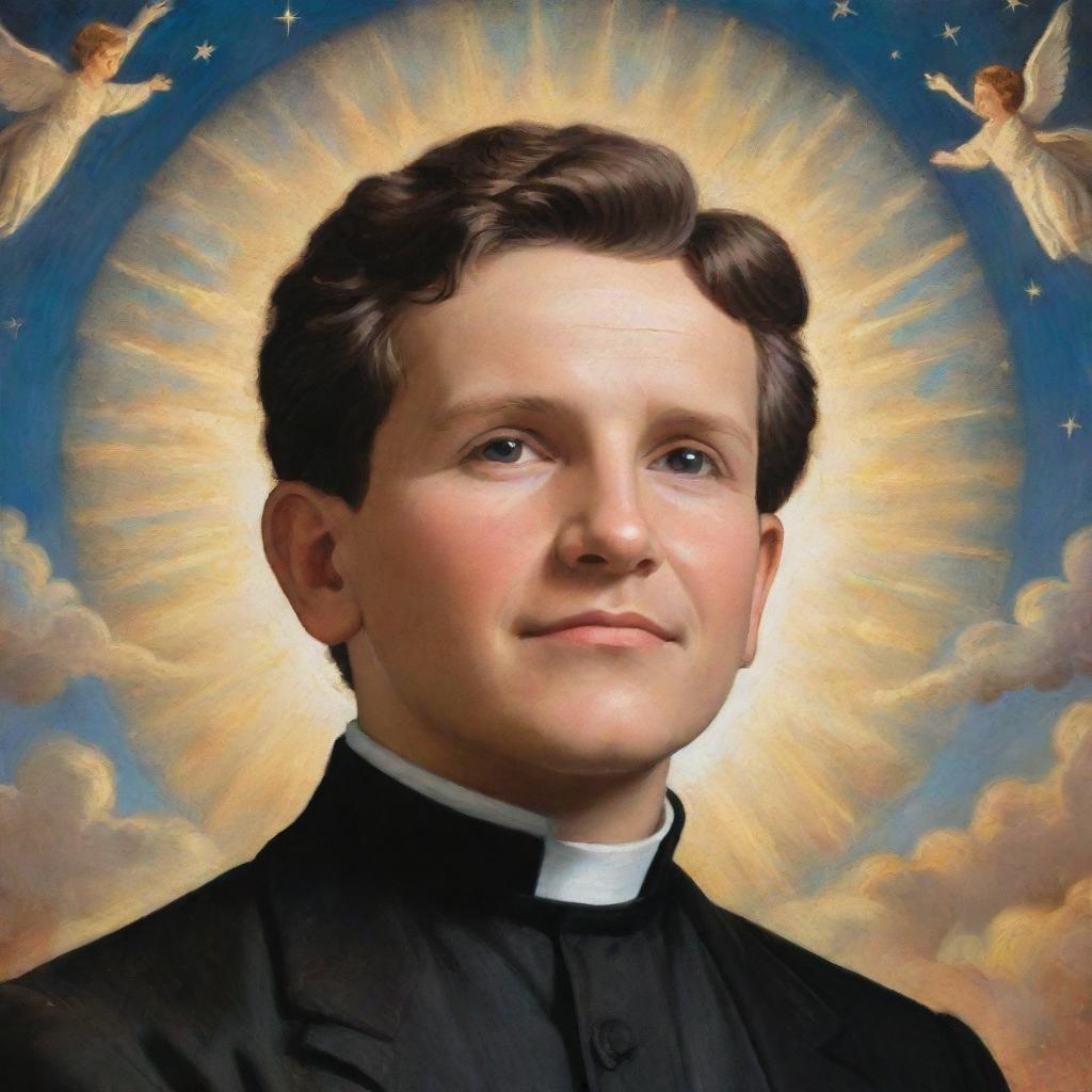 Don Bosco at the age of nine, immersed in a profound dream that shapes his future. Display a young Don Bosco surrounded by radiant light, engaging with the young in a magnificently detailed, celestial backdrop.