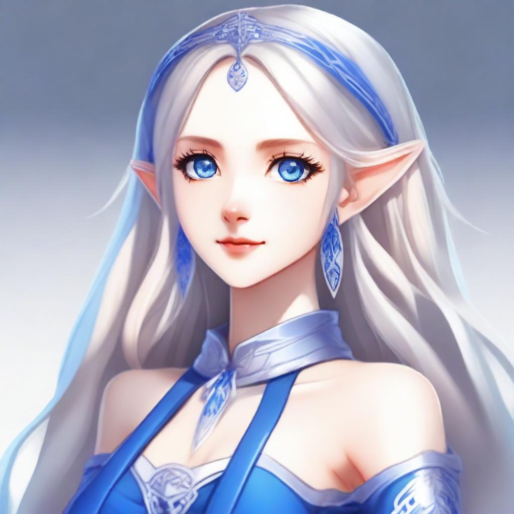 An elegant waifu elf character with long silver hair and striking blue eyes, exhibiting a tsundere personality
