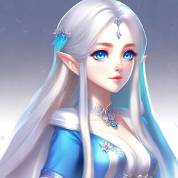 An elegant waifu elf character with long silver hair and striking blue eyes, exhibiting a tsundere personality