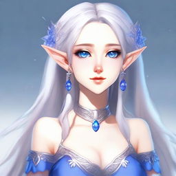 An elegant waifu elf character with long silver hair and striking blue eyes, exhibiting a tsundere personality