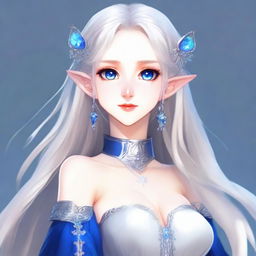 An elegant waifu elf character with long silver hair and striking blue eyes, exhibiting a tsundere personality