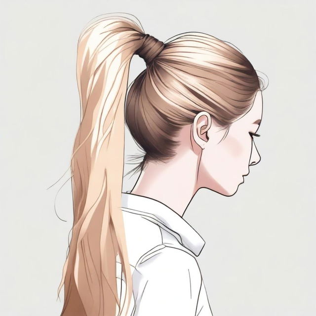 A detailed illustration of a person with a blonde ponytail and brown roots