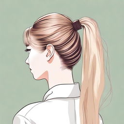 A detailed illustration of a person with a blonde ponytail and brown roots