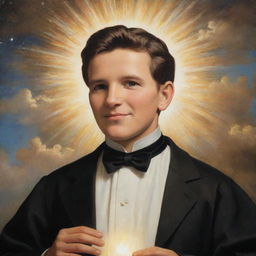 Don Bosco at the age of nine, immersed in a profound dream that shapes his future. Display a young Don Bosco surrounded by radiant light, engaging with the young in a magnificently detailed, celestial backdrop.