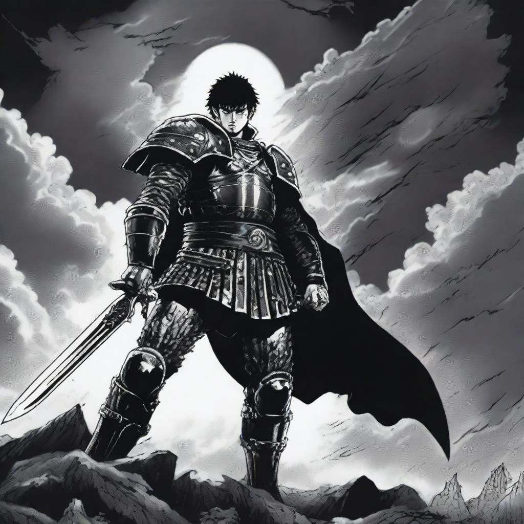 A dark and intense scene from the manga Berserk, featuring the protagonist Guts in his iconic black armor, wielding his massive sword, with a grim and foreboding atmosphere