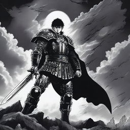 A dark and intense scene from the manga Berserk, featuring the protagonist Guts in his iconic black armor, wielding his massive sword, with a grim and foreboding atmosphere