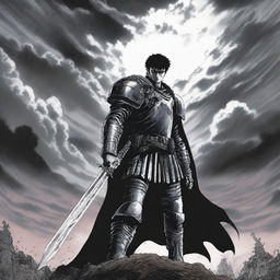 A dark and intense scene from the manga Berserk, featuring the protagonist Guts in his iconic black armor, wielding his massive sword, with a grim and foreboding atmosphere