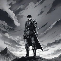 A dark and intense scene from the manga Berserk, featuring the protagonist Guts in his iconic black armor, wielding his massive sword, with a grim and foreboding atmosphere