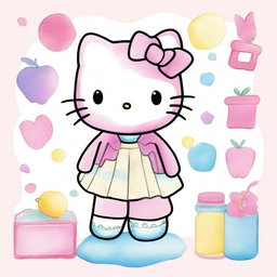 Create a pastel watercolor splash clipart featuring Hello Kitty in a school setting