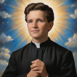 Don Bosco at the age of nine, immersed in a profound dream that shapes his future. Display a young Don Bosco surrounded by radiant light, engaging with the young in a magnificently detailed, celestial backdrop.
