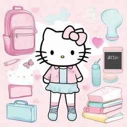 Create a pastel watercolor splash clipart featuring Hello Kitty in a school setting