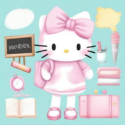 Create a pastel watercolor splash clipart featuring Hello Kitty in a school setting