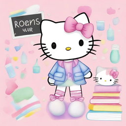 Create a pastel watercolor splash clipart featuring Hello Kitty in a school setting
