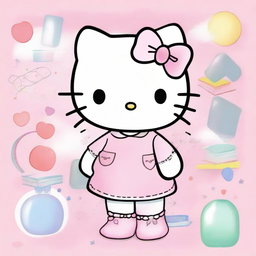 Create a pastel watercolor splash clipart featuring Hello Kitty in a school setting