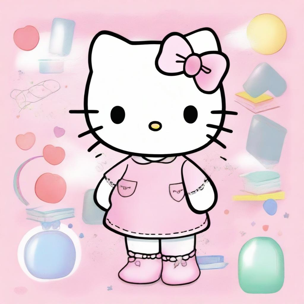 Create a pastel watercolor splash clipart featuring Hello Kitty in a school setting