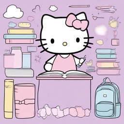 Create a pastel watercolor splash clipart featuring Hello Kitty in a school setting
