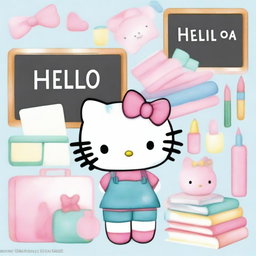 Create a pastel watercolor splash clipart featuring Hello Kitty in a school setting