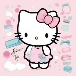 Create a pastel watercolor splash clipart featuring Hello Kitty in a school setting