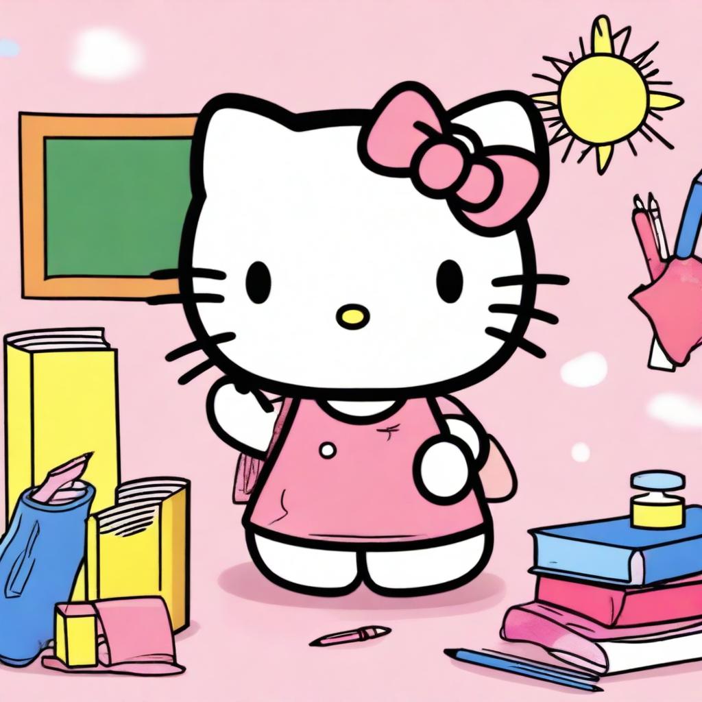 A cute cartoon image of Hello Kitty in a school setting