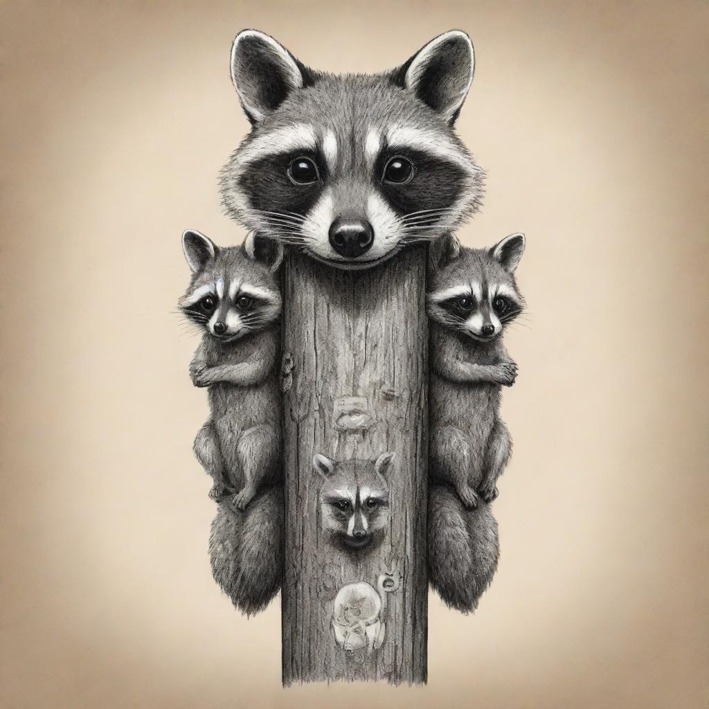 A sketch art style totem pole, adorned with raccoons, in the likeness of traditional USA totems.