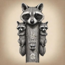 A sketch art style totem pole, adorned with raccoons, in the likeness of traditional USA totems.