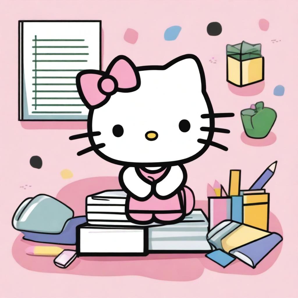 A cute cartoon image of Hello Kitty in a school setting