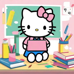 A cute cartoon image of Hello Kitty in a school setting