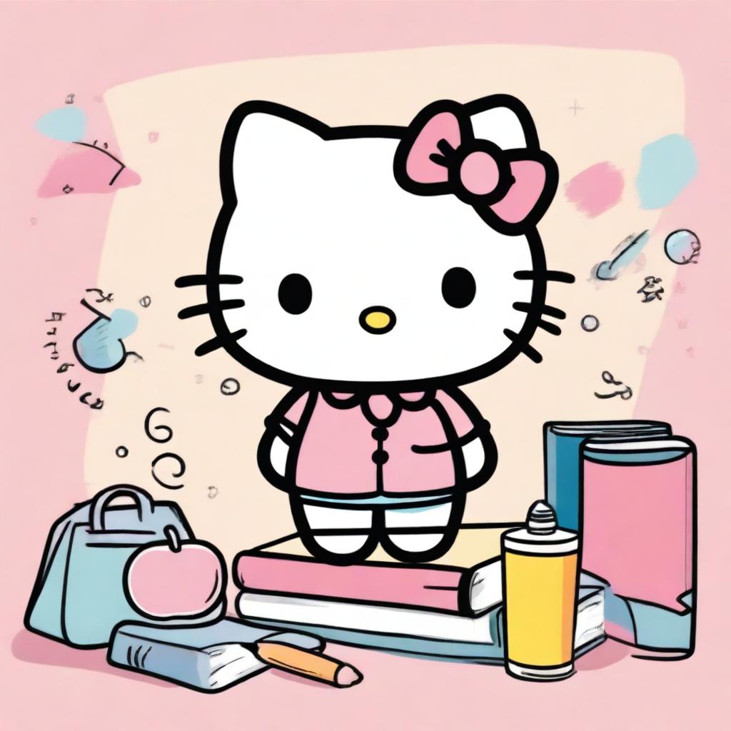 A cute cartoon image of Hello Kitty in a school setting