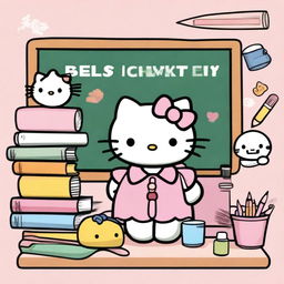 A cute cartoon image of Hello Kitty in a school setting