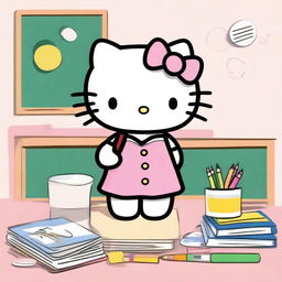 A cute cartoon image of Hello Kitty in a school setting