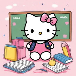 A cute cartoon image of Hello Kitty in a school setting