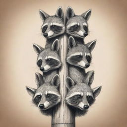 A sketch art style totem pole, adorned with raccoons, in the likeness of traditional USA totems.