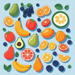 An illustration featuring the best 5 fruits for mental health: blueberries, oranges, bananas, avocados, and strawberries