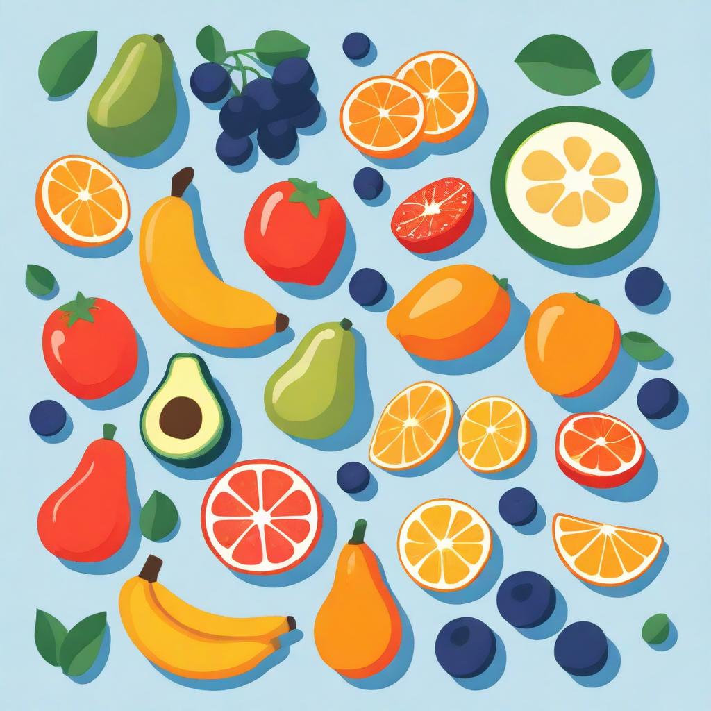 An illustration featuring the best 5 fruits for mental health: blueberries, oranges, bananas, avocados, and strawberries