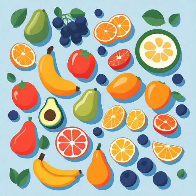 An illustration featuring the best 5 fruits for mental health: blueberries, oranges, bananas, avocados, and strawberries
