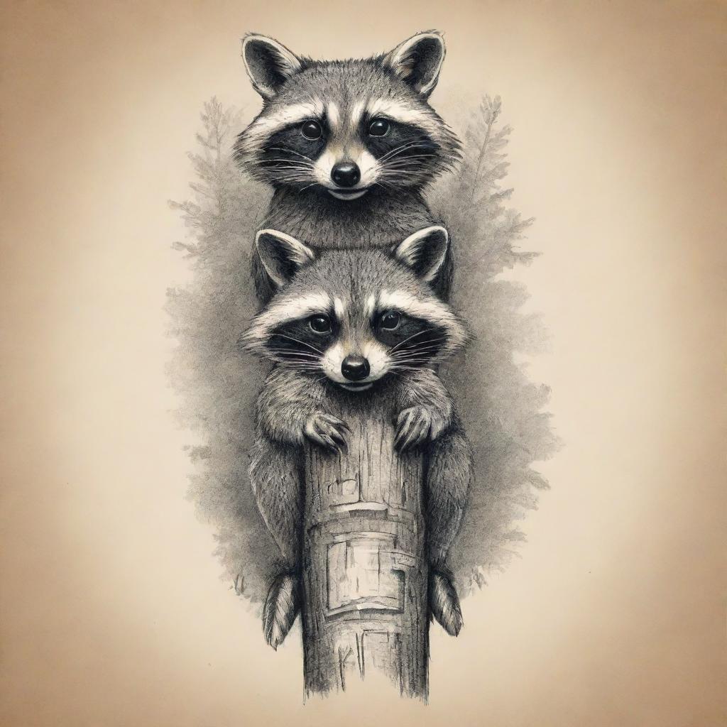 A sketch art style totem pole, adorned with raccoons, in the likeness of traditional USA totems.