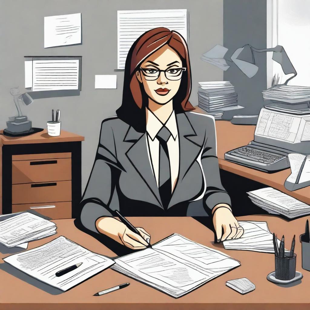 A detailed illustration of a secretary with a professional appearance, working at her desk with office supplies around