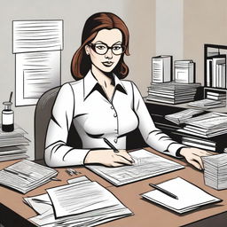 A detailed illustration of a secretary with a professional appearance, working at her desk with office supplies around