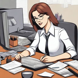 A detailed illustration of a secretary with a professional appearance, working at her desk with office supplies around