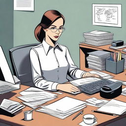 A detailed illustration of a secretary with a professional appearance, working at her desk with office supplies around