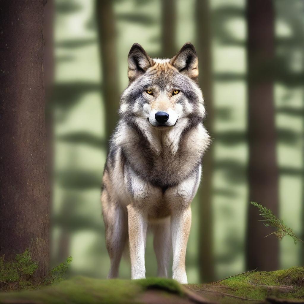 A raw photograph of a majestic wolf standing in a natural forest setting, looking directly at the camera
