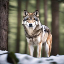 A raw photograph of a majestic wolf standing in a natural forest setting, looking directly at the camera