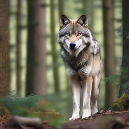 A raw photograph of a majestic wolf standing in a natural forest setting, looking directly at the camera