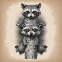 A sketch art style totem pole, adorned with raccoons, in the likeness of traditional USA totems.